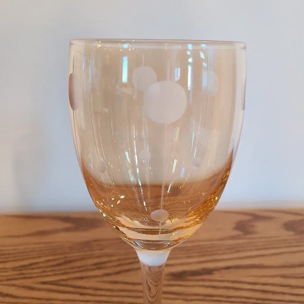 Vintage Golden Amber Light Yellow Iridescent Wine Glasses With Etching Set of 2